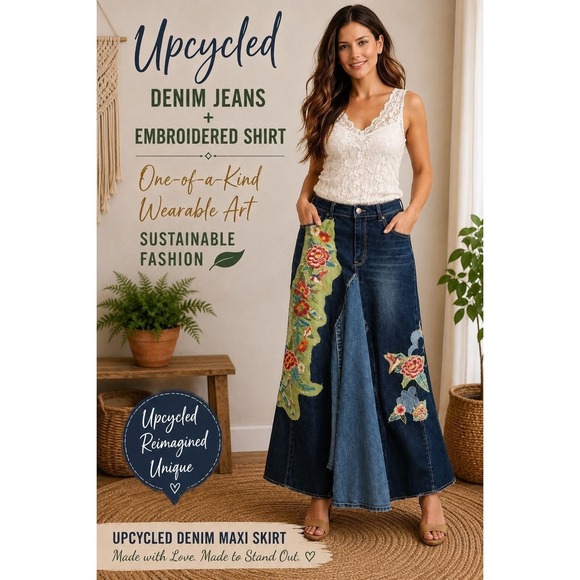 Upcycled Dresses & Skirts - Boho Luxe Upcycled Denim Maxi Skirt Embroidery on Denim Wearable Art Fits 14/16